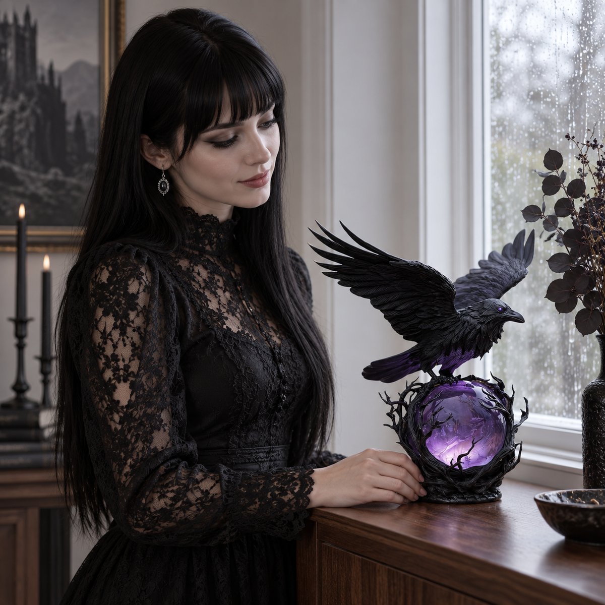 Raven lamp bookshelf display