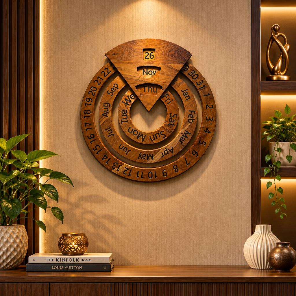 Wooden perpetual calendar displayed on a light wall