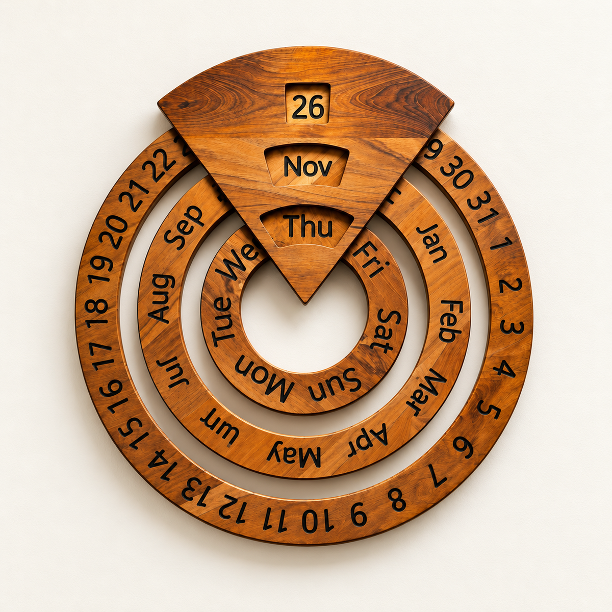 Vintage wooden perpetual calendar displayed in a warm interior