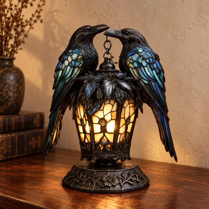 Gothic Stained-Glass Raven Lantern