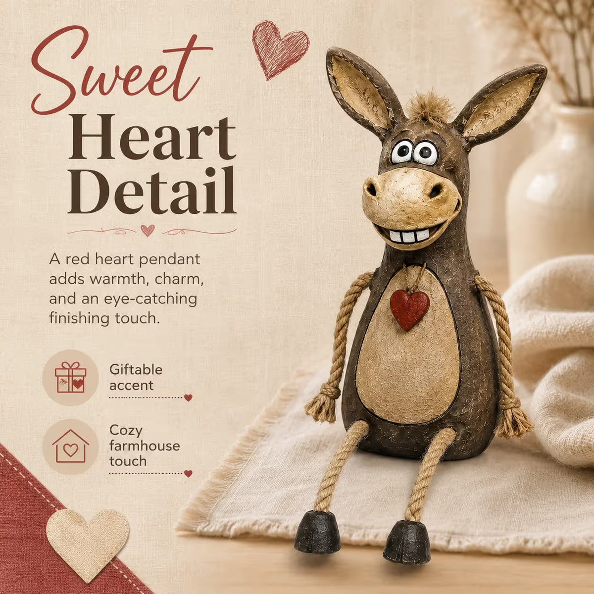Rustic Donkey Shelf Sitter Figurine with Dangling Rope Legs