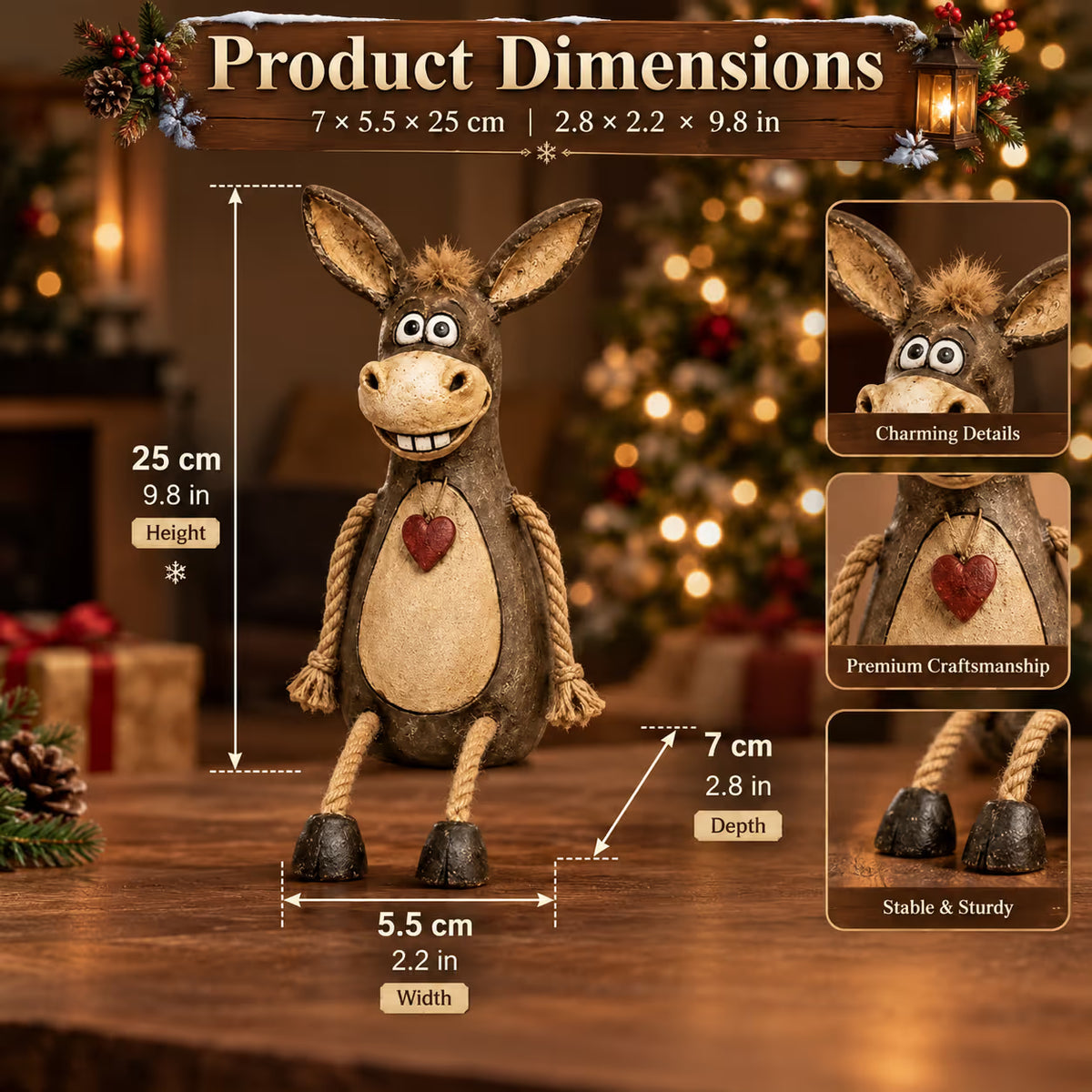 Rustic Donkey Shelf Sitter Figurine with Dangling Rope Legs