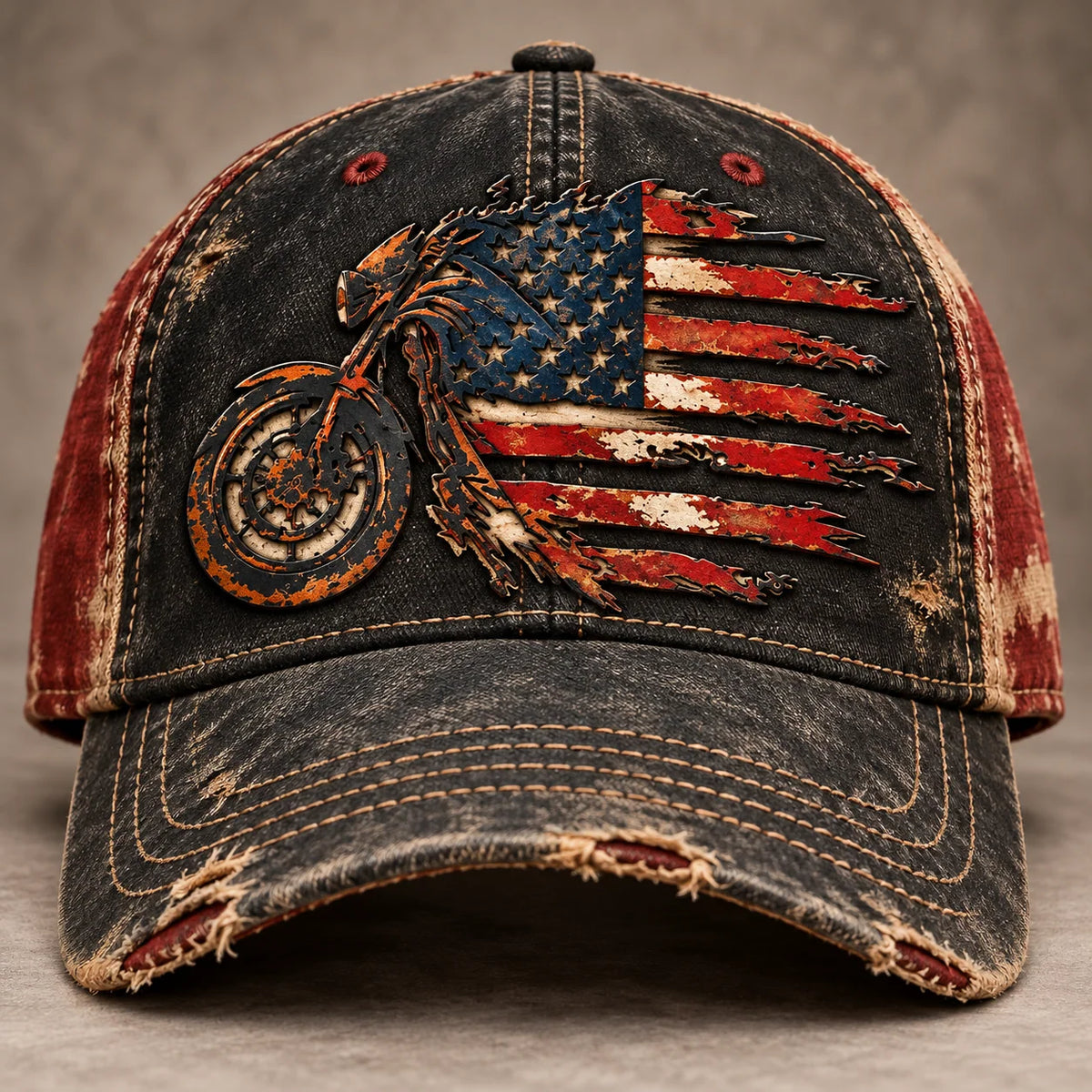 Vintage American Flag Motorcycle Baseball Cap – Distressed Retro Biker Hat