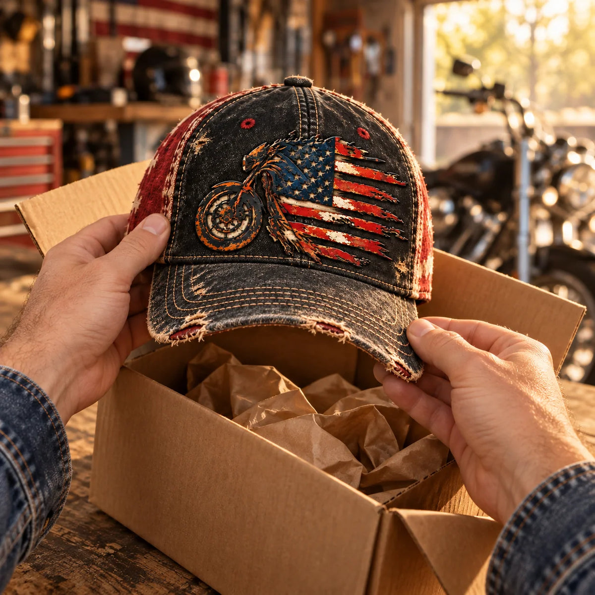 Vintage American Flag Motorcycle Baseball Cap – Distressed Retro Biker Hat