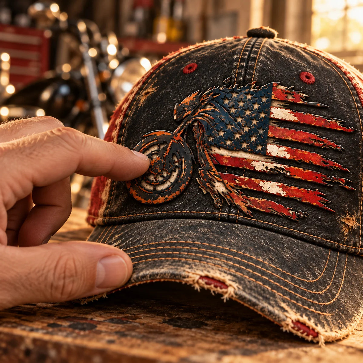 Vintage American Flag Motorcycle Baseball Cap – Distressed Retro Biker Hat