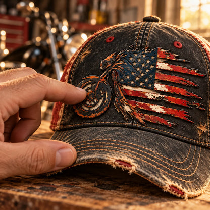 Vintage American Flag Motorcycle Baseball Cap – Distressed Retro Biker Hat