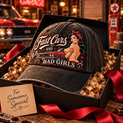 🏁 Fast Cars and Bad Girls Baseball Cap — Retro Muscle Car Style with a Bold Pin-Up Attitude