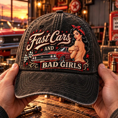 🏁 Fast Cars and Bad Girls Baseball Cap — Retro Muscle Car Style with a Bold Pin-Up Attitude