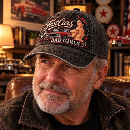 🏁 Fast Cars and Bad Girls Baseball Cap — Retro Muscle Car Style with a Bold Pin-Up Attitude
