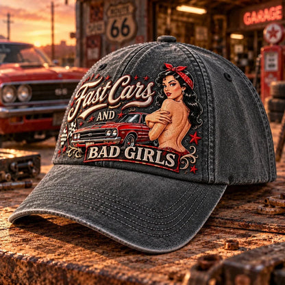 🏁 Fast Cars and Bad Girls Baseball Cap — Retro Muscle Car Style with a Bold Pin-Up Attitude