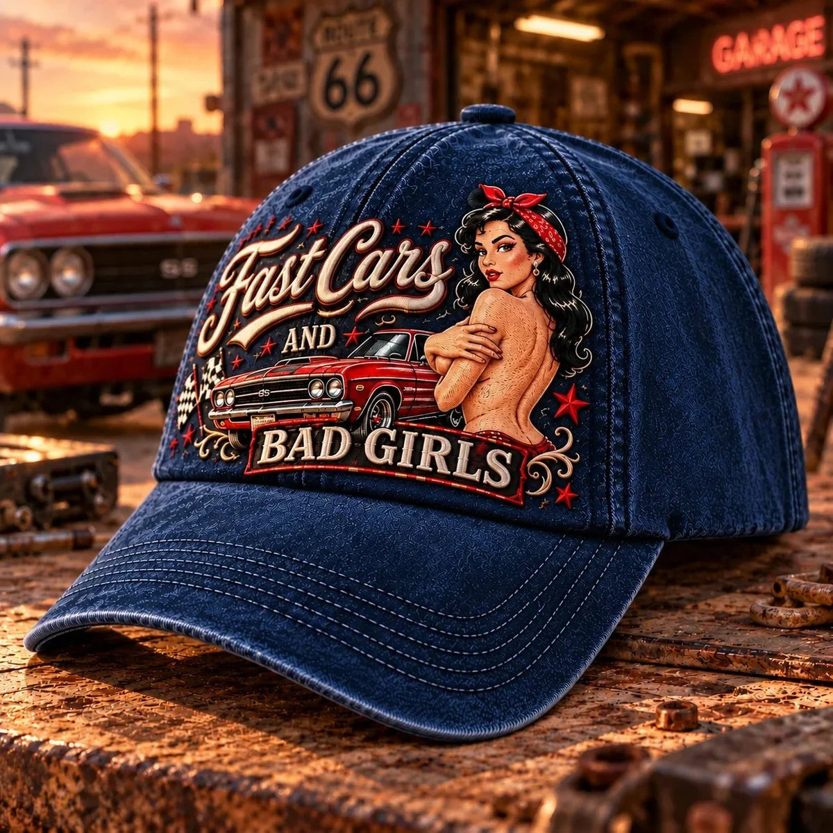🏁 Fast Cars and Bad Girls Baseball Cap — Retro Muscle Car Style with a Bold Pin-Up Attitude