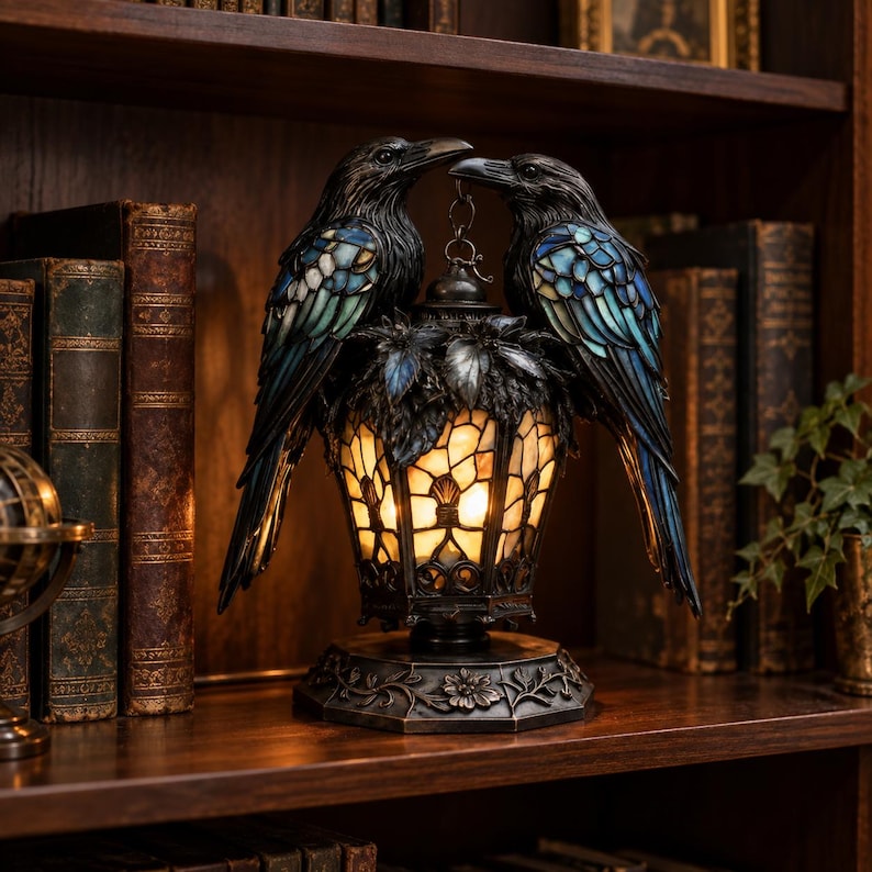 Gothic Stained-Glass Raven Lantern