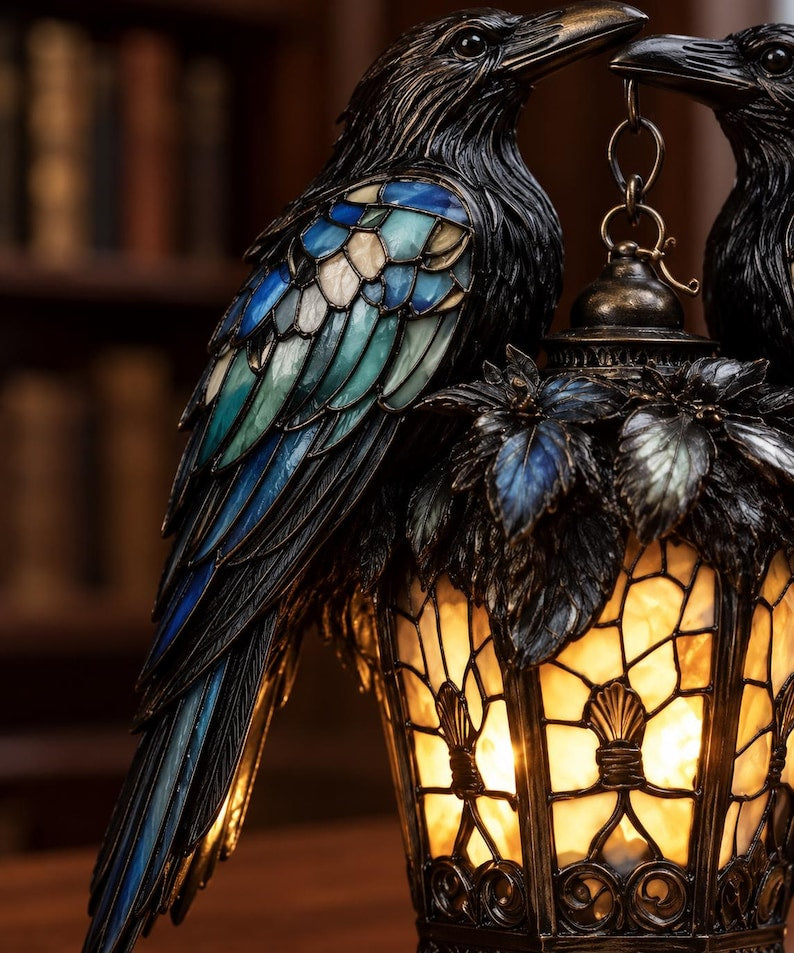 USB-powered raven lantern on a study desk