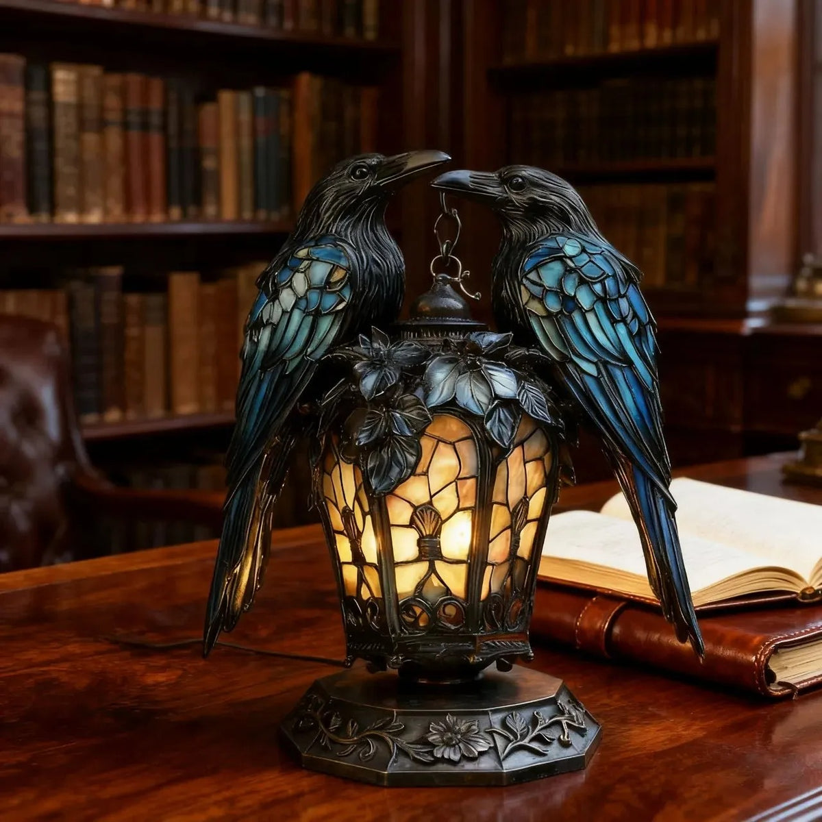 Gothic double-raven lantern glowing in a dark study